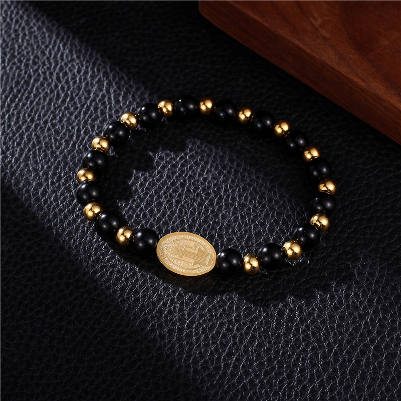 Hot selling handmade customized pattern engraved black gold beads jesus religours stainless steel charm man bracelets