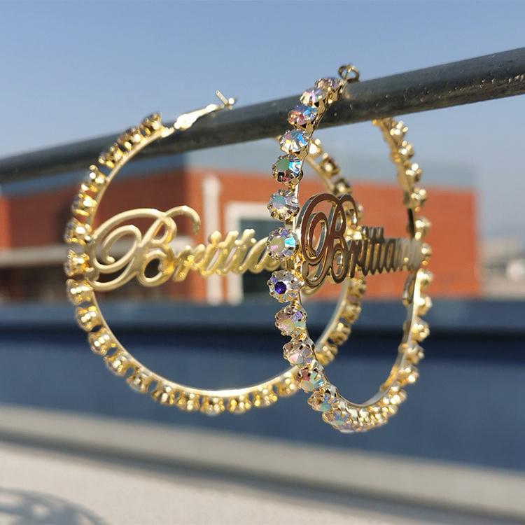 Gold Stainless Steel Hip Hop Sexy Custom Women Name Plate Zircon Wholesale 14k Customized Name Hoop Name Earrings