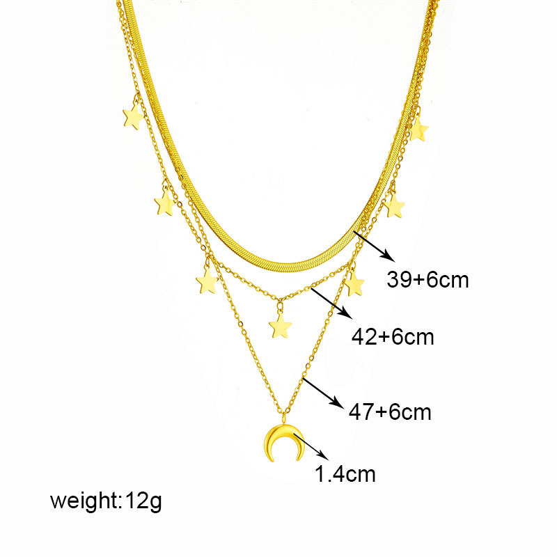 Colar Lua Triple Layered Titanium Steel Chain Star Moon Glossy Pendant Retro Niche Versatile Necklace