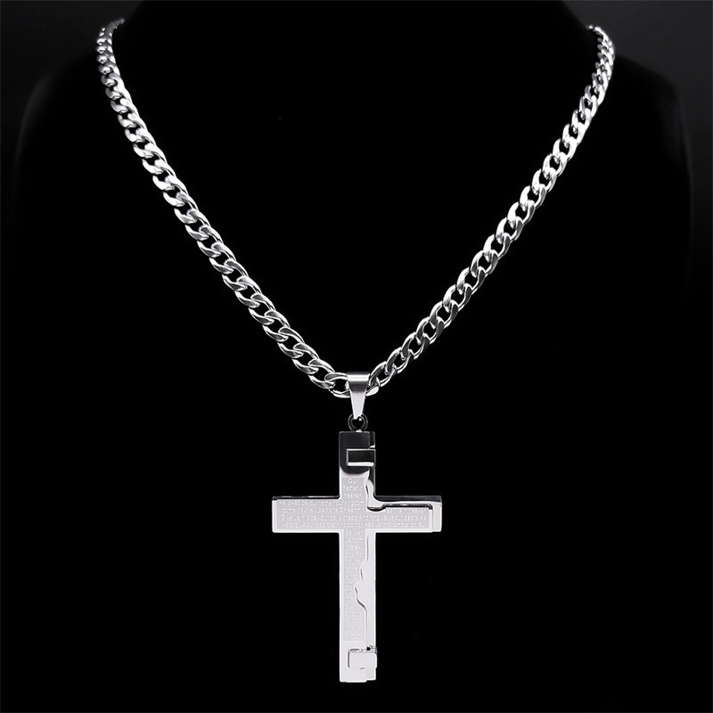 OEM High Polished 3 Layer Prayer Scriptures Silver Gold Big Stainless Steel Necklace Cross