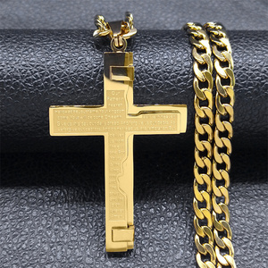 OEM High Polished 3 Layer Prayer Scriptures Silver Gold Big Stainless Steel Necklace Cross