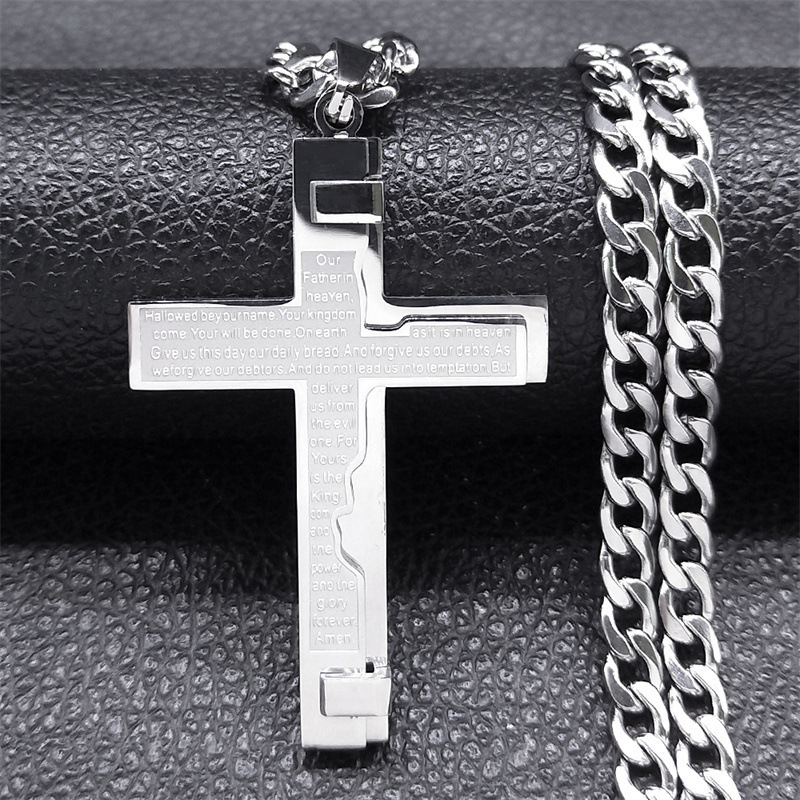 OEM High Polished 3 Layer Prayer Scriptures Silver Gold Big Stainless Steel Necklace Cross