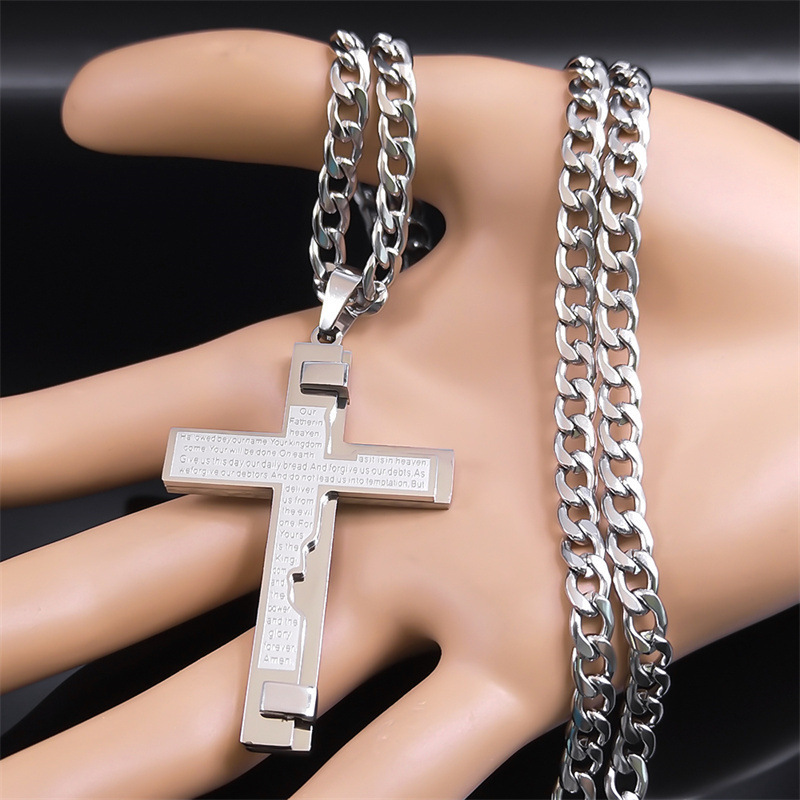 OEM High Polished 3 Layer Prayer Scriptures Silver Gold Big Stainless Steel Necklace Cross