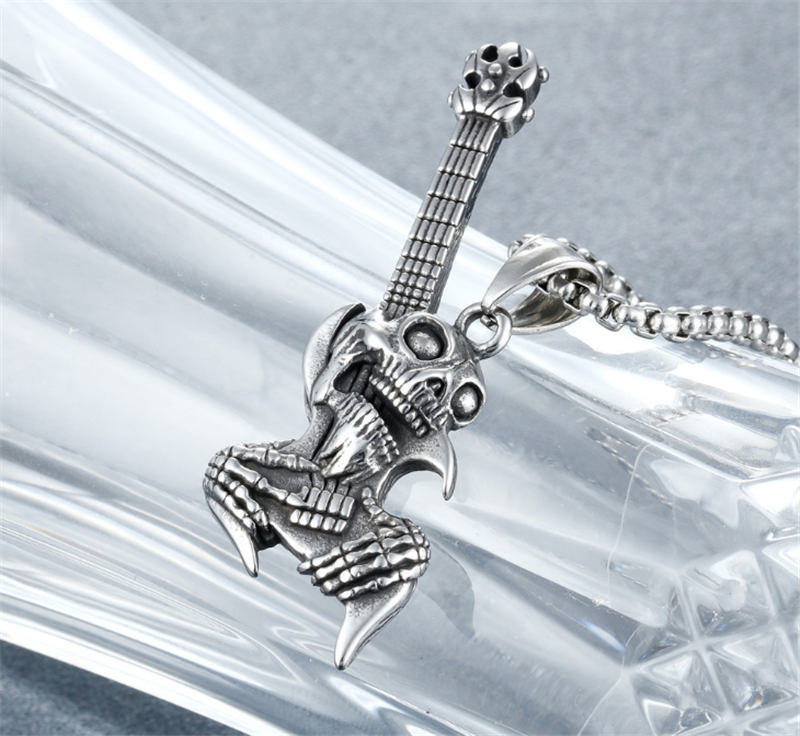 Stainless Steel Jewelry Manufacture Cool Men Gothic Skull Guitar Pendant Necklace