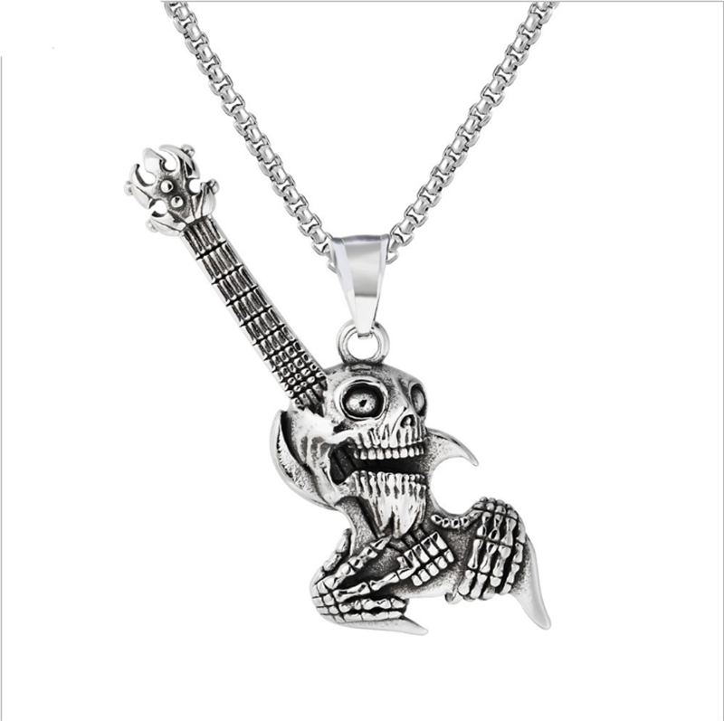 Stainless Steel Jewelry Manufacture Cool Men Gothic Skull Guitar Pendant Necklace