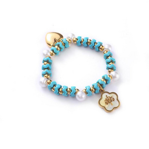 gold plating stainless steel beads and heart charm turquoise beads natural shell tree charm bracelet