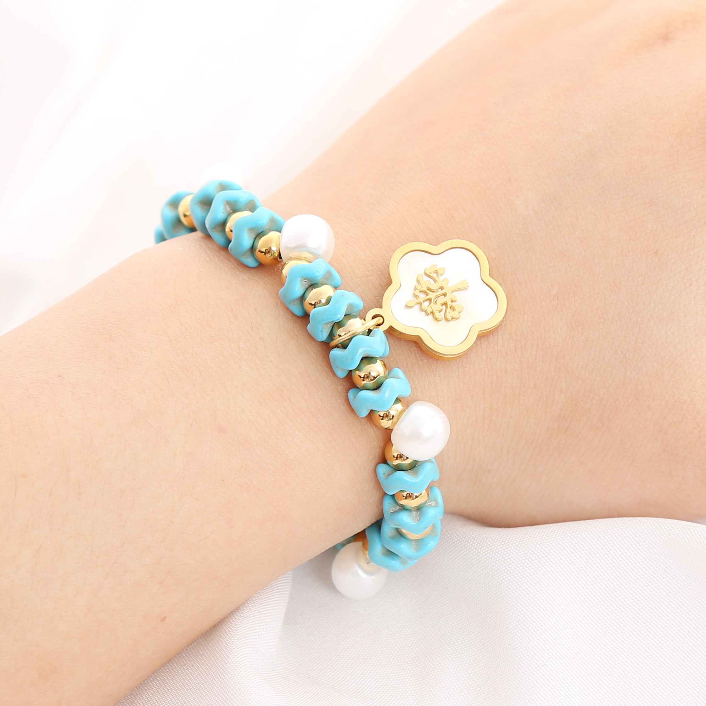 gold plating stainless steel beads and heart charm turquoise beads natural shell tree charm bracelet