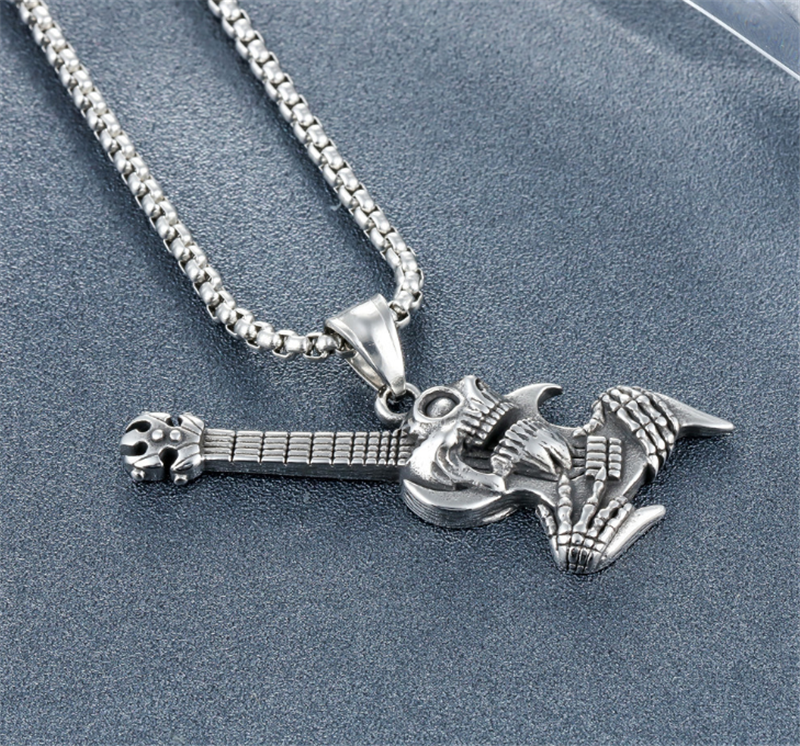 Stainless Steel Jewelry Manufacture Cool Men Gothic Skull Guitar Pendant Necklace