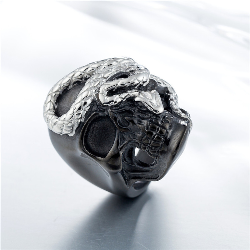 Retro punk personality jewelry double color punk snake plate skull titanium steel ring