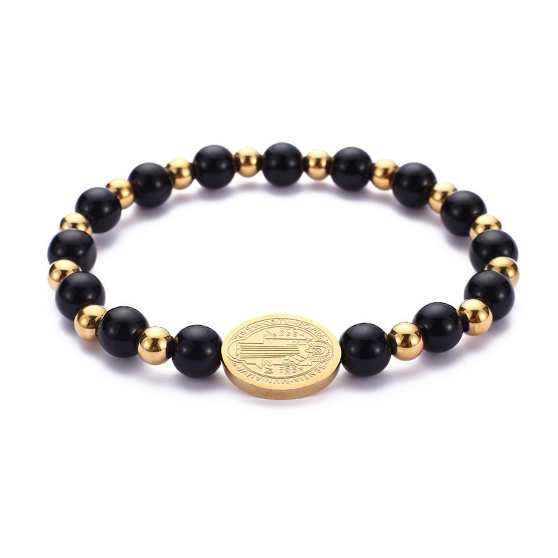 Hot selling handmade customized pattern engraved black gold beads jesus religours stainless steel charm man bracelets