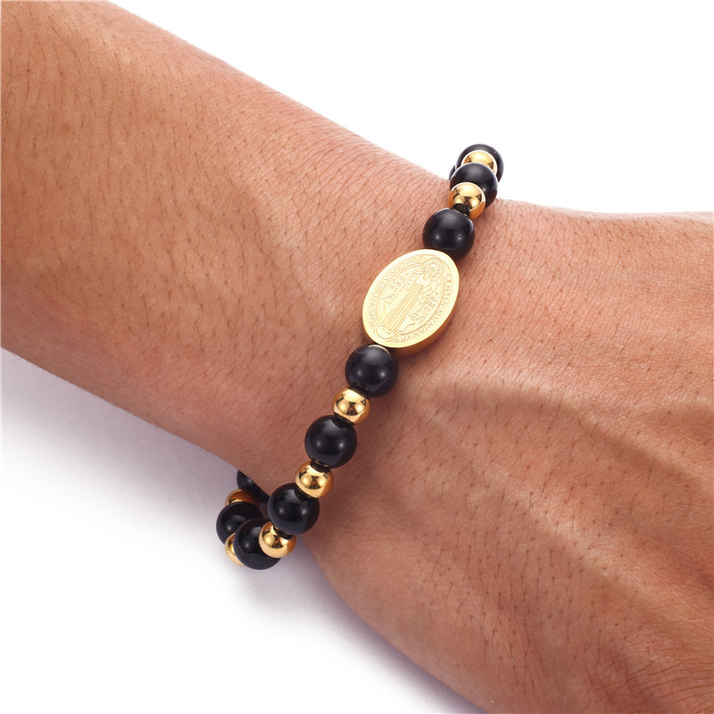 Hot selling handmade customized pattern engraved black gold beads jesus religours stainless steel charm man bracelets