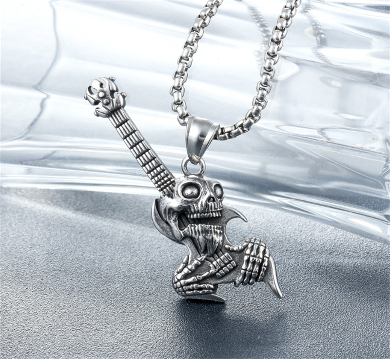 Stainless Steel Jewelry Manufacture Cool Men Gothic Skull Guitar Pendant Necklace