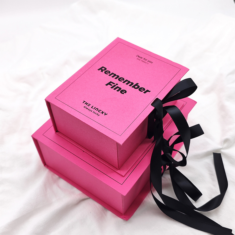 Custom Cardboard Matte Book Shape Rose Red Pink Folding Cool Girl Packaging Luxury Magnetic Closure Gift Box With Ribbon