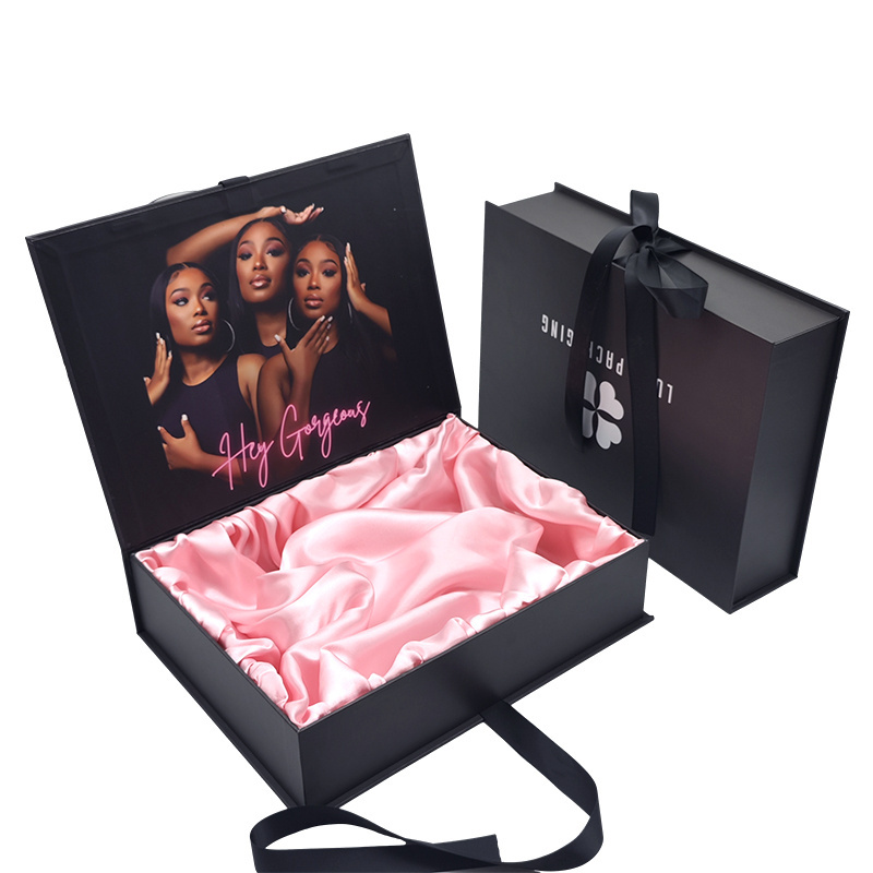 Custom Logo Hair Gift Box Wholesale Black Human Weave Bundles Wig Packaging With Ribbon Satin For Hair Extension Box Accessories