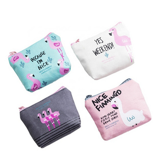 Korean Cute Cartoon Canvas Flamingo Printing Mini Coin Bag Student Zipper Pocket Coin Purse