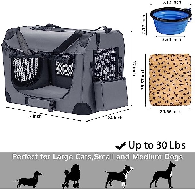 Hot Portable Collapsible Travel Dog Crate 24x17x17 Dog Crate with Soft Warm Blanket and Foldable Bowl