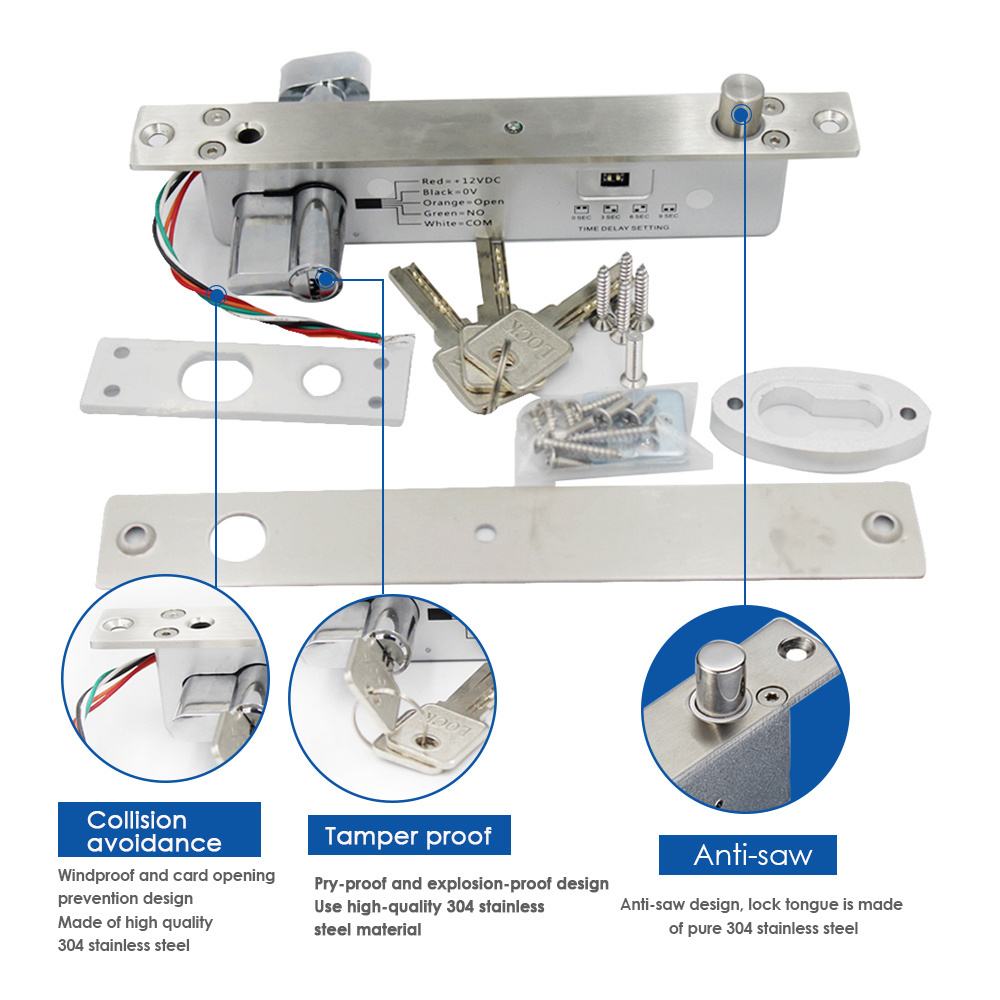 Electric Bolt Lock Access Control System Electric Mortise 5-wires Low Temperature/Time Delay Glass Door DC 12V NC