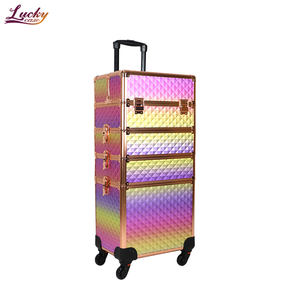 Rolling Makeup Case 4 in 1 Professional Cosmetic Trolley Large Storage Salon Barber Case Traveling Cart Trunk for Makeup Artist