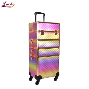 Rolling Makeup Case 4 in 1 Professional Cosmetic Trolley Large Storage Salon Barber Case Traveling Cart Trunk for Makeup Artist