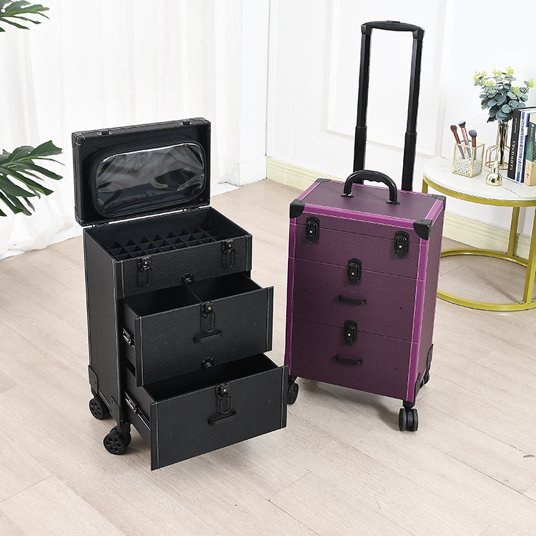 Professional Rolling Makeup Case Cosmetology Case with Wheels 2 Large Drawer Nail Trolley Case Traveling Cosmetic Box