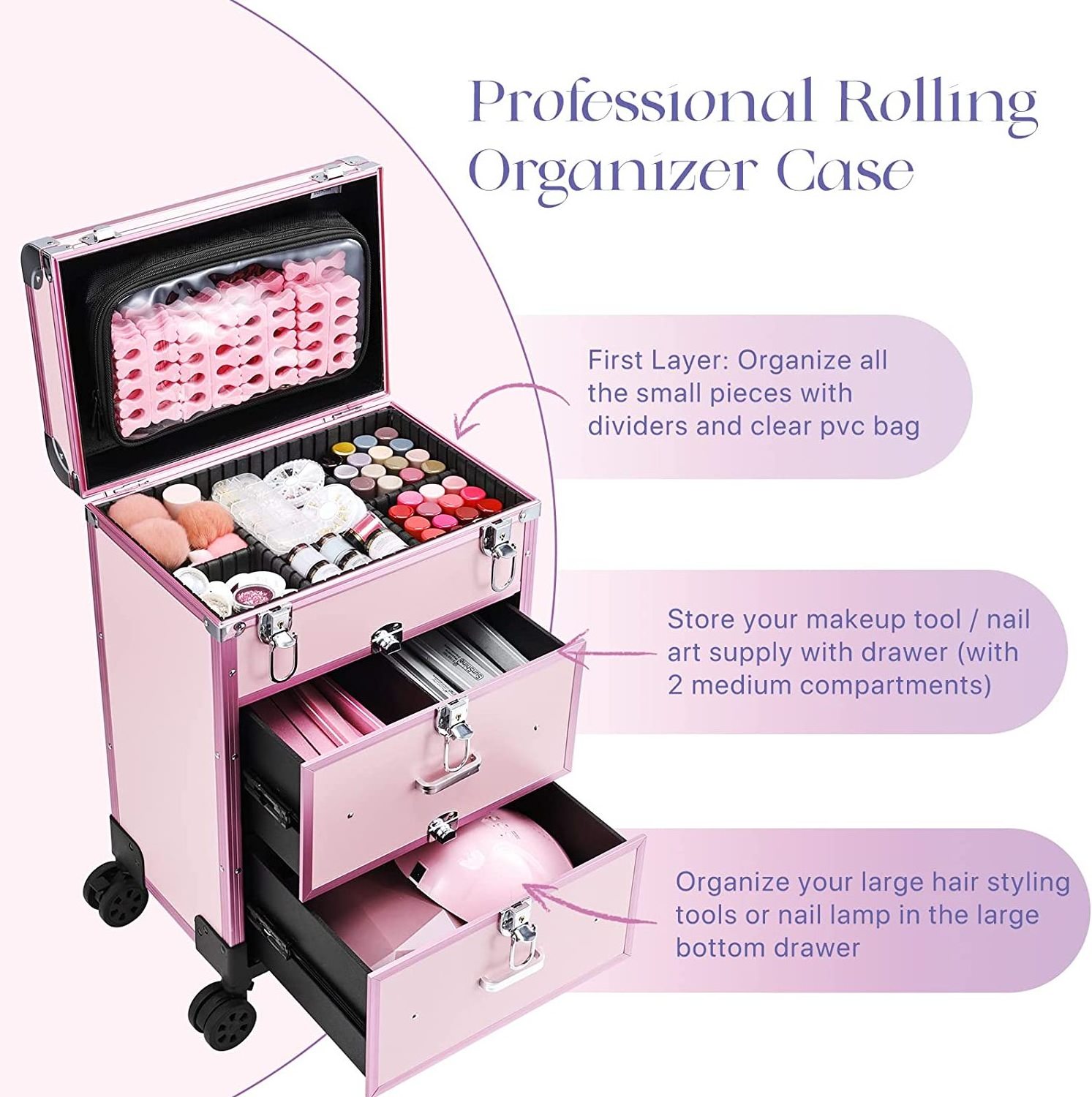 Sturdy Aluminum Cosmetic Case Rolling Full Makeup Travel Case Large Storage Cosmetic Trolley with Drawer & Locks