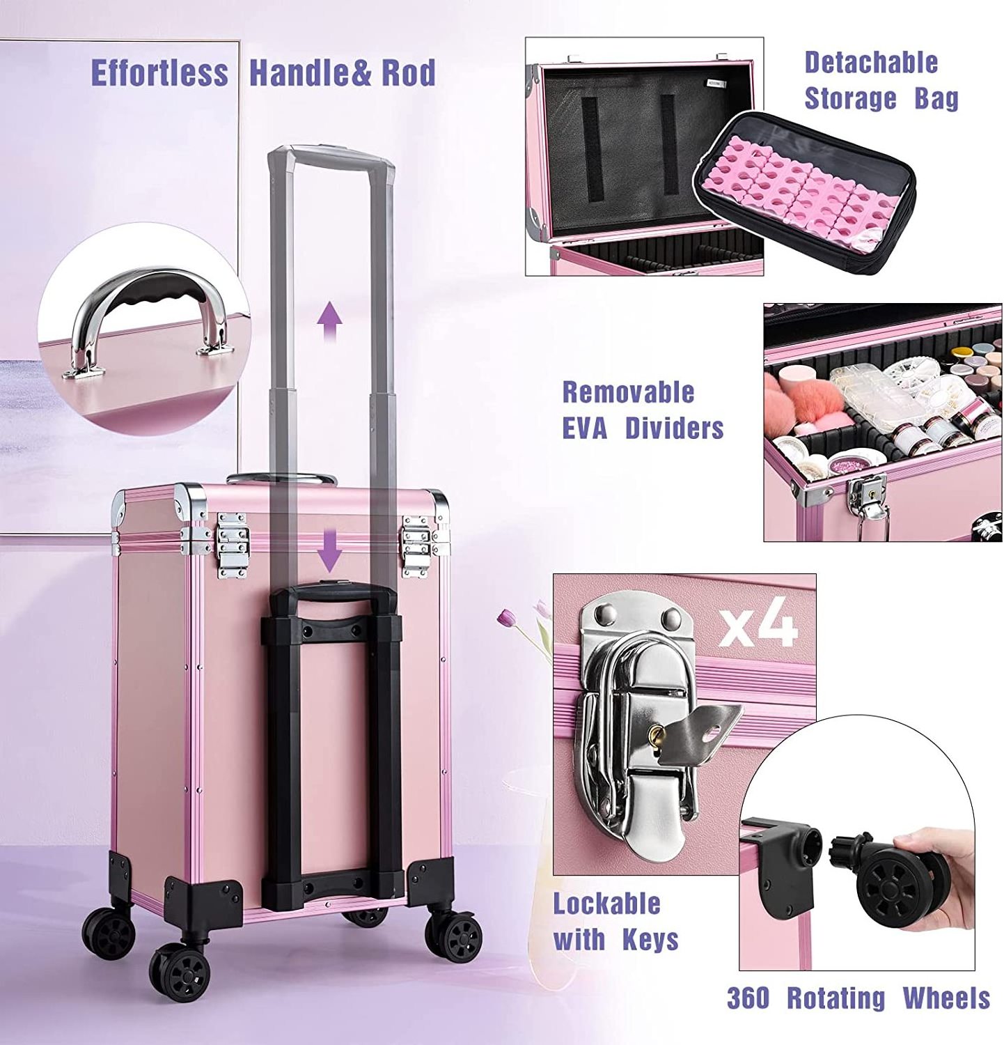 Sturdy Aluminum Cosmetic Case Rolling Full Makeup Travel Case Large Storage Cosmetic Trolley with Drawer & Locks