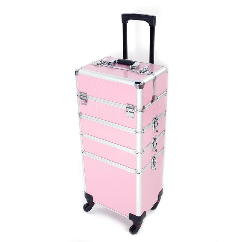 4 in 1 Aluminum Rolling Cosmetic Makeup Train Case Beauty Professional 4 Removable Wheels Rolling Aluminum Cosmetic Case Trolley