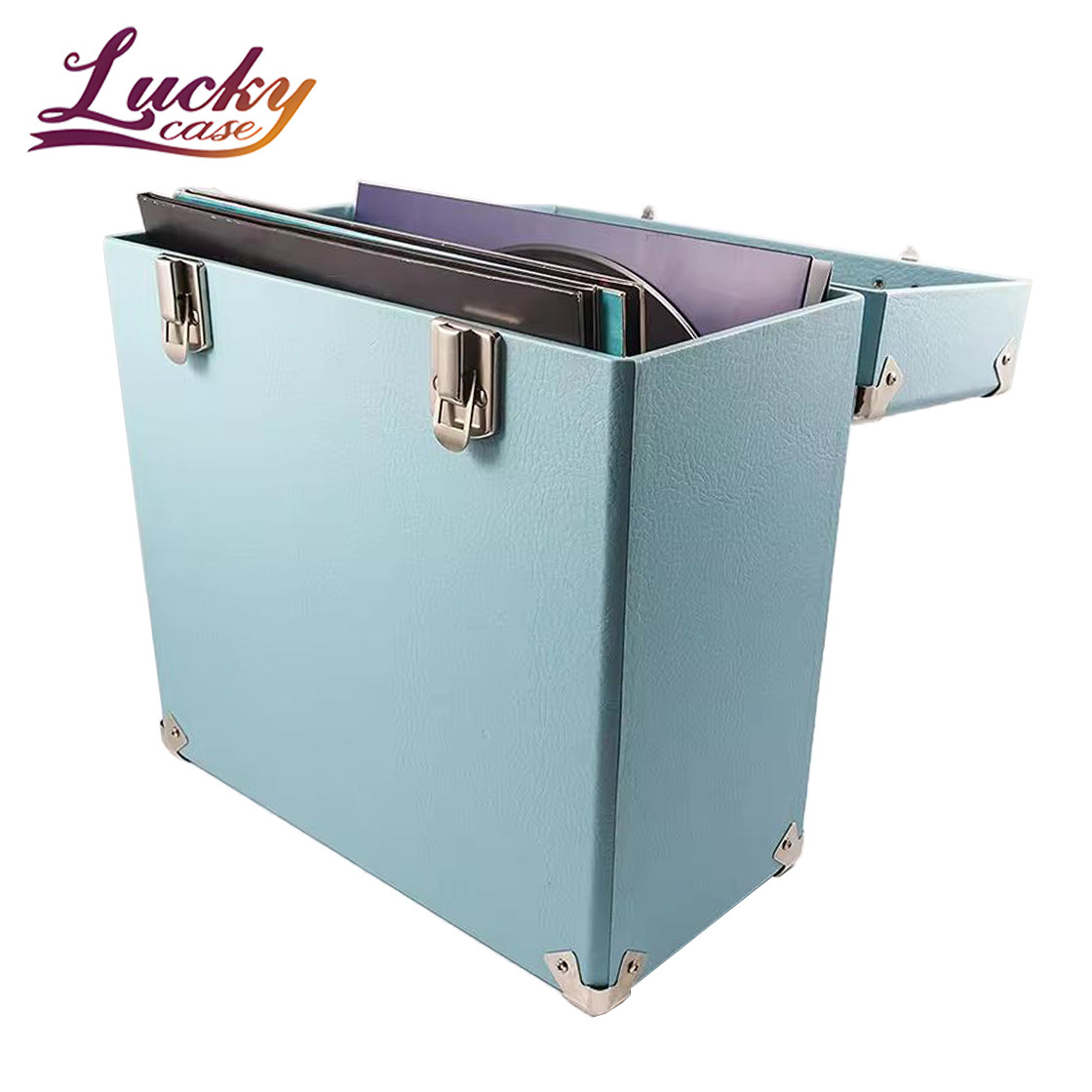 Classic PU Leather Album Vinyl Case Light Blue Record Storage Box Fits 12