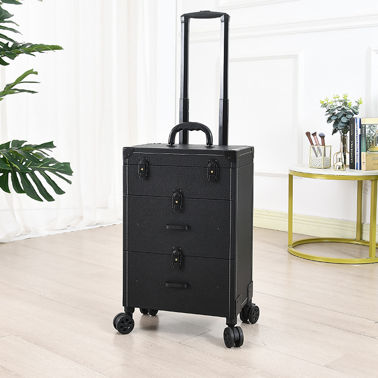 Professional Rolling Makeup Case Cosmetology Case with Wheels 2 Large Drawer Nail Trolley Case Traveling Cosmetic Box