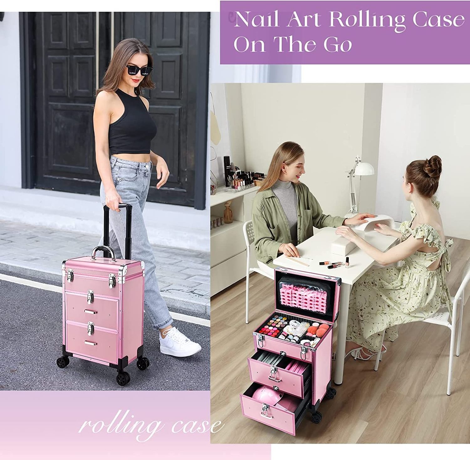 Sturdy Aluminum Cosmetic Case Rolling Full Makeup Travel Case Large Storage Cosmetic Trolley with Drawer & Locks