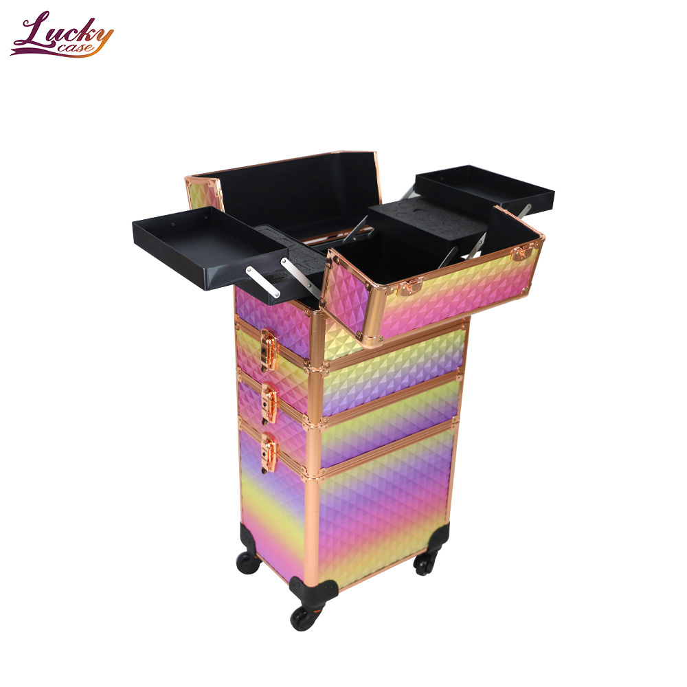 Rolling Makeup Case 4 in 1 Professional Cosmetic Trolley Large Storage Salon Barber Case Traveling Cart Trunk for Makeup Artist