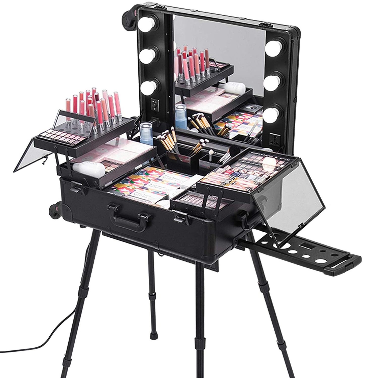 Professional Aluminum Cosmetic Case With Lights Aluminum Studio Rolling Makeup Case Lighted Trolley Case With Mirror