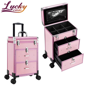 Sturdy Aluminum Cosmetic Case Rolling Full Makeup Travel Case Large Storage Cosmetic Trolley with Drawer & Locks