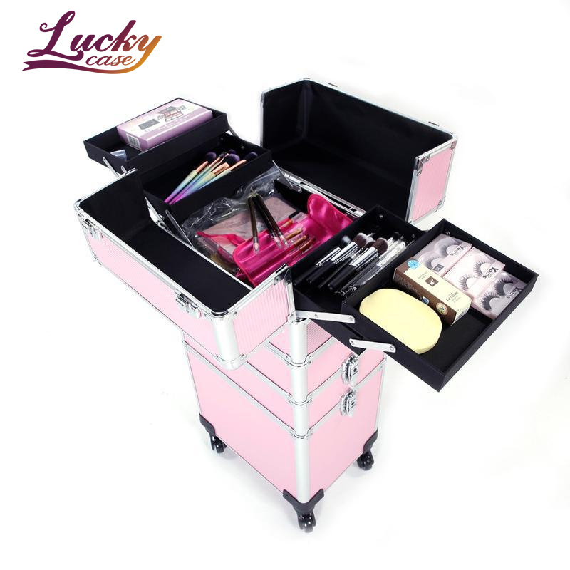 4 in 1 Aluminum Rolling Cosmetic Makeup Train Case Beauty Professional 4 Removable Wheels Rolling Aluminum Cosmetic Case Trolley