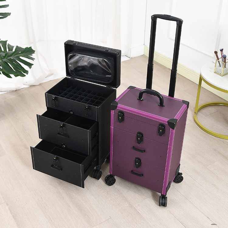 Professional Rolling Makeup Case Cosmetology Case with Wheels 2 Large Drawer Nail Trolley Case Traveling Cosmetic Box