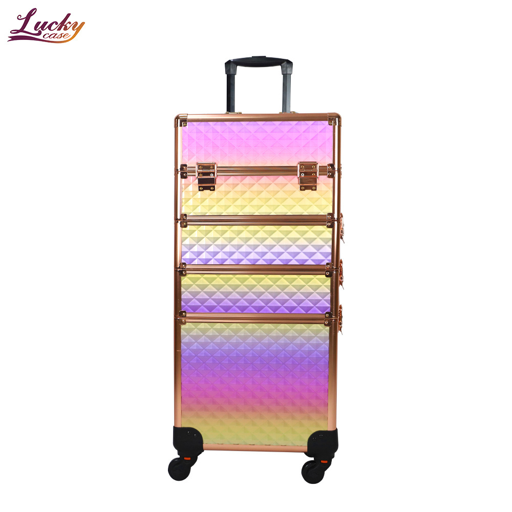 Rolling Makeup Case 4 in 1 Professional Cosmetic Trolley Large Storage Salon Barber Case Traveling Cart Trunk for Makeup Artist