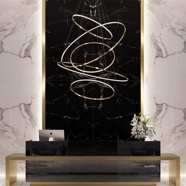 L4u TUV SAA Five Gold Circle LED Ring Pendant Lamp Modern Chandelier Light for Staircase High Ceiling Corridor Big House