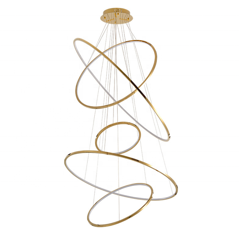 L4u TUV SAA Five Gold Circle LED Ring Pendant Lamp Modern Chandelier Light for Staircase High Ceiling Corridor Big House