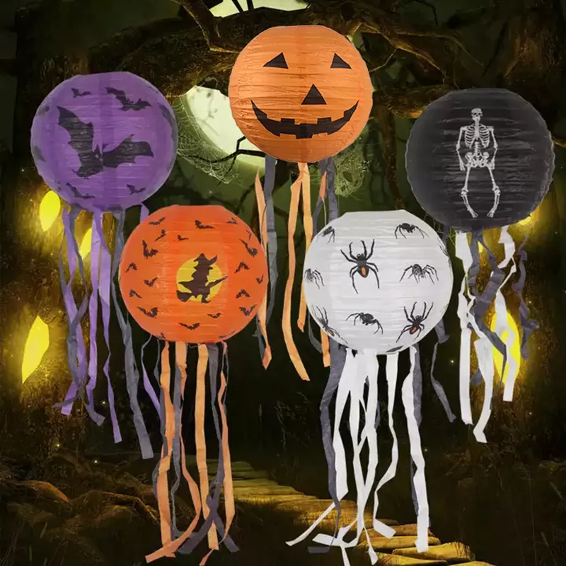 LUCKY Halloween pumpkin paper lanterns House party decorations Hanging props foldable horror glowing lanterns