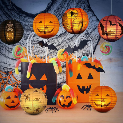 LUCKY Halloween pumpkin paper lanterns House party decorations Hanging props foldable horror glowing lanterns