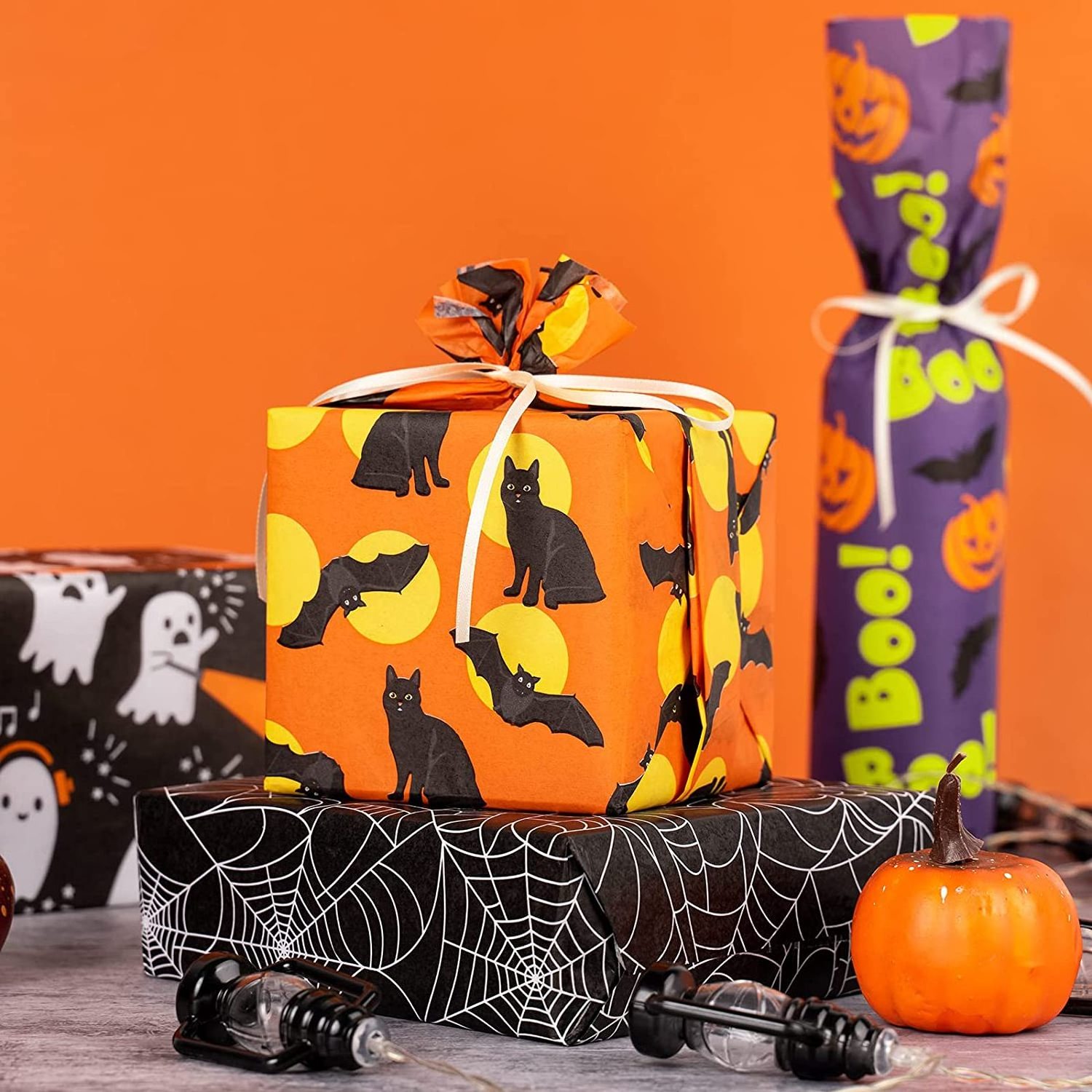 Handmade Halloween Black Orange Tissue Paper Bat Pumpkin Web Spider Paper For Halloween Sale