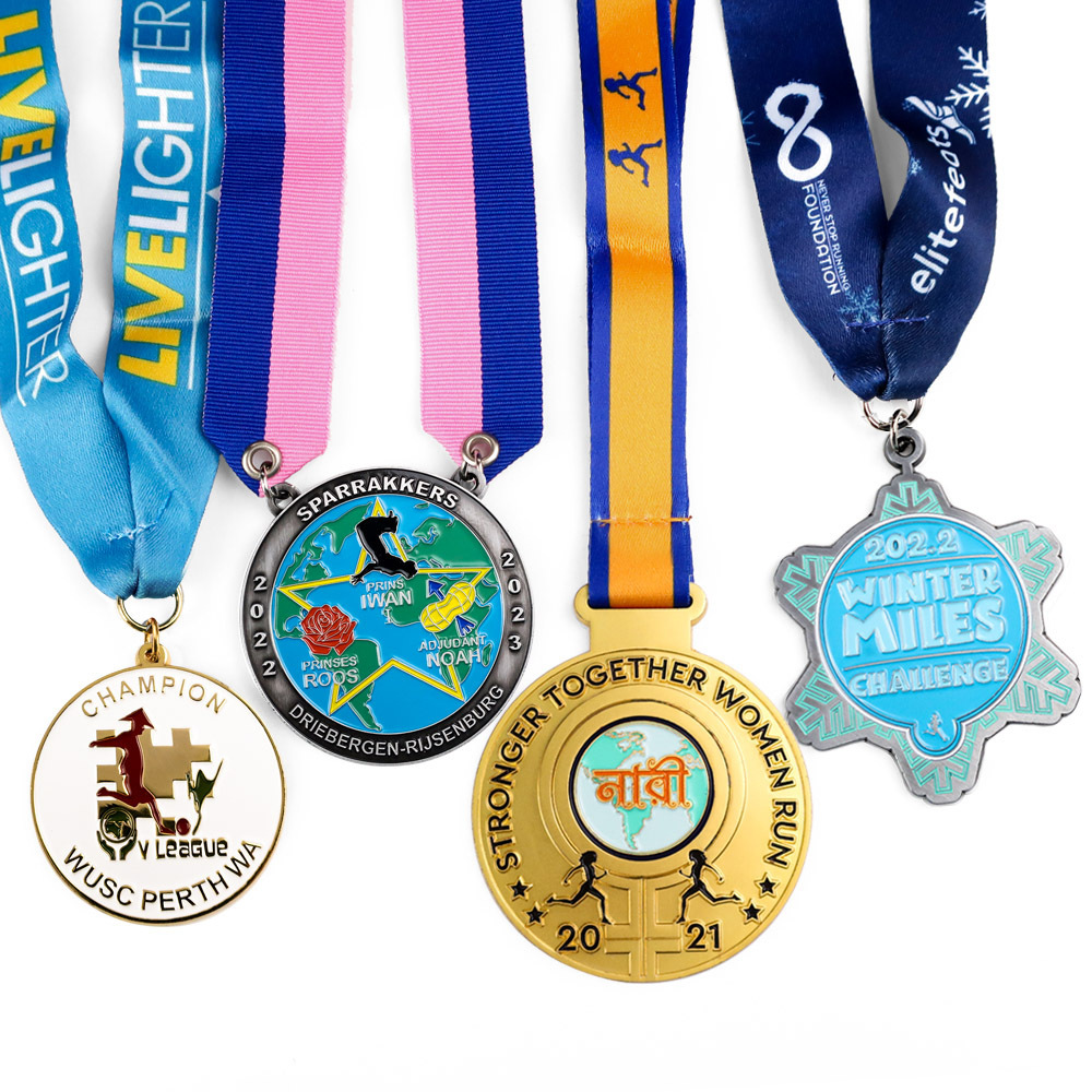 Free design custom fun metal round shape enamel gold silver brass plating race running medals