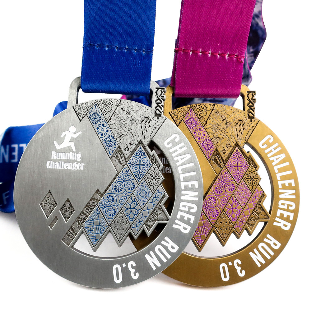 Free design custom fun metal round shape enamel gold silver brass plating race running medals