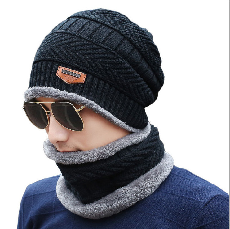 Soft Thicken  Ski Hat Men Warm Hats Neck Warm Winter Woolen Hat Set Women Men Beanie Knitted Cap Scarf Set