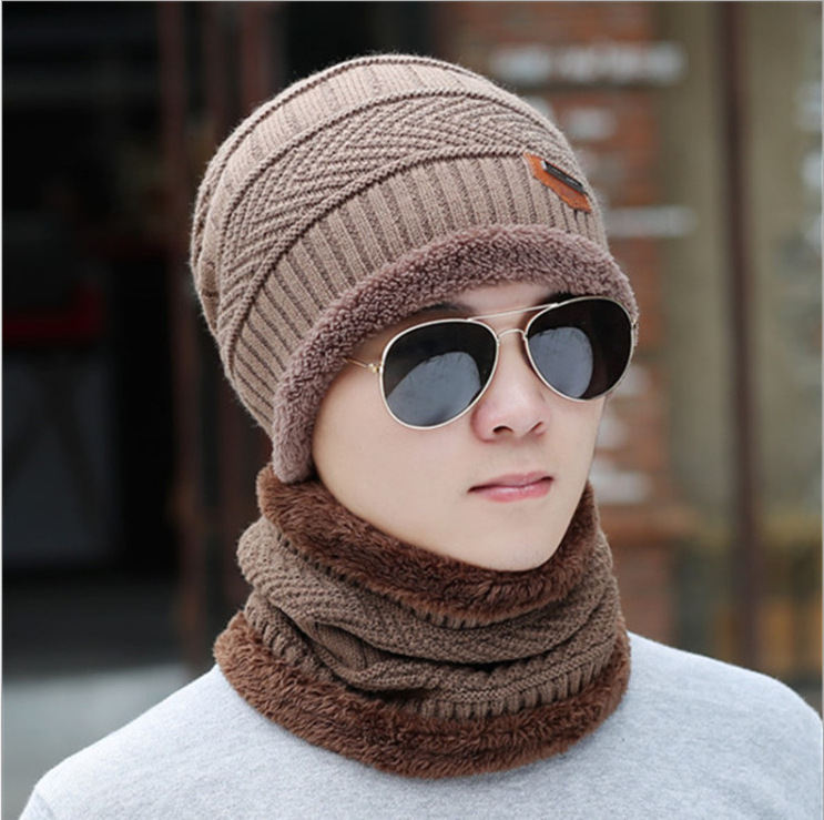 Soft Thicken  Ski Hat Men Warm Hats Neck Warm Winter Woolen Hat Set Women Men Beanie Knitted Cap Scarf Set