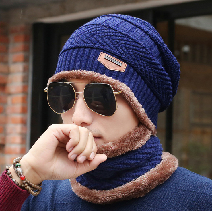 Soft Thicken  Ski Hat Men Warm Hats Neck Warm Winter Woolen Hat Set Women Men Beanie Knitted Cap Scarf Set