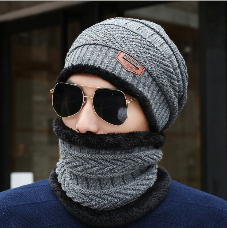 Soft Thicken  Ski Hat Men Warm Hats Neck Warm Winter Woolen Hat Set Women Men Beanie Knitted Cap Scarf Set