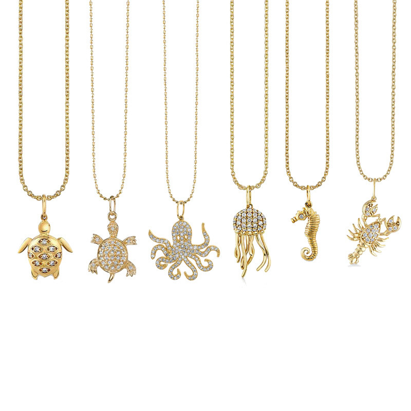 Ocean Theme Jewelry Custom 925 Silver 18k Gold Plated Small Seahorse Shell Cluster Turtle Crab Charms Pendant Necklace For Women