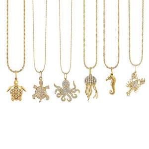 Ocean Theme Jewelry Custom 925 Silver 18k Gold Plated Small Seahorse Shell Cluster Turtle Crab Charms Pendant Necklace For Women