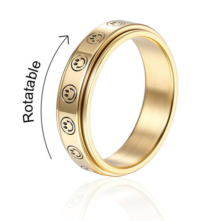 Hot selling moon star happy face fidget decompressio anxiety ring stainless steel rotate anti anxiety ring 18k gold plated